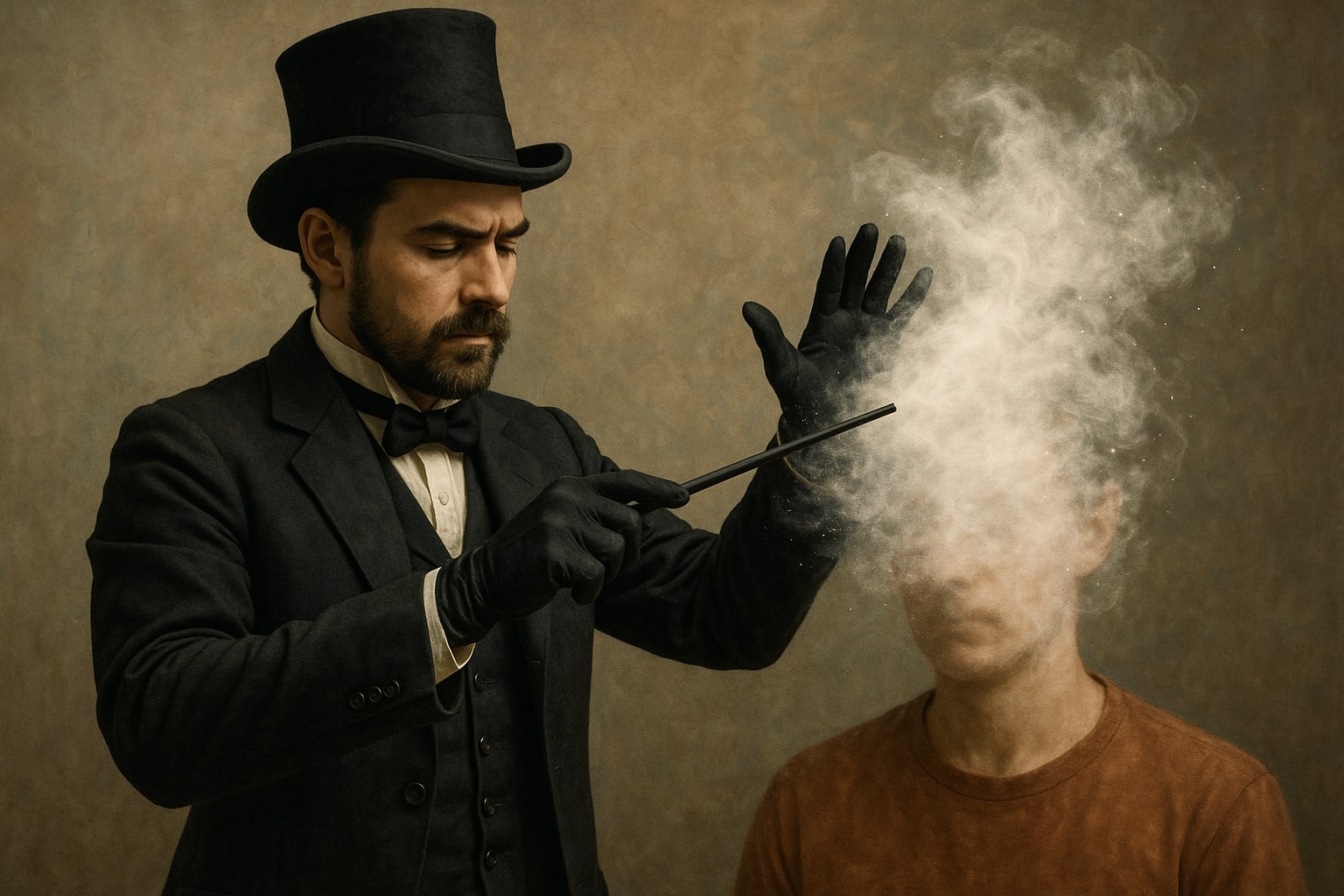 magicien qui fait une parenthèse d'oublie au spectateur